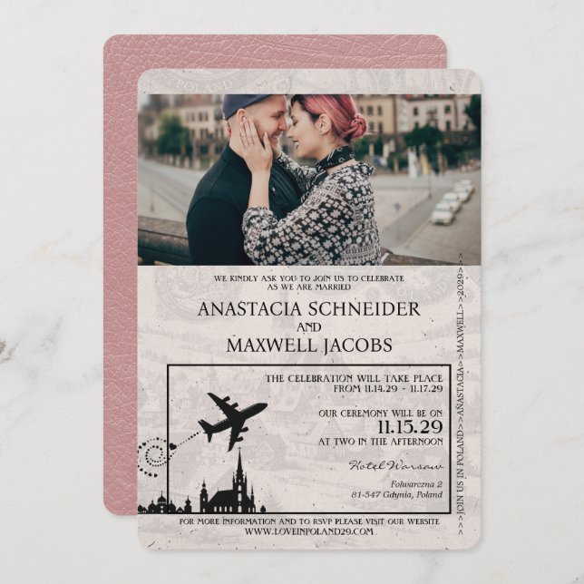 Dusty Rose Poland Passport Wedding Invitation (Front/Back)