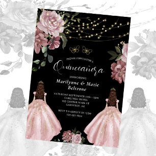 Dusty Rose Princess Floral Twins Quinceañera Invitation