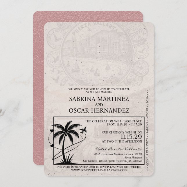 Dusty Rose Puerta Vallarta Passport Wedding Invitation (Front/Back)