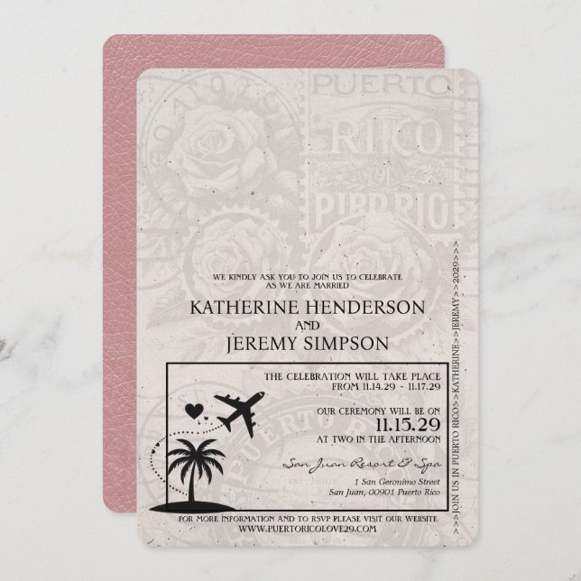 Dusty Rose Puerto Rico Passport Wedding Invitation (Front/Back)