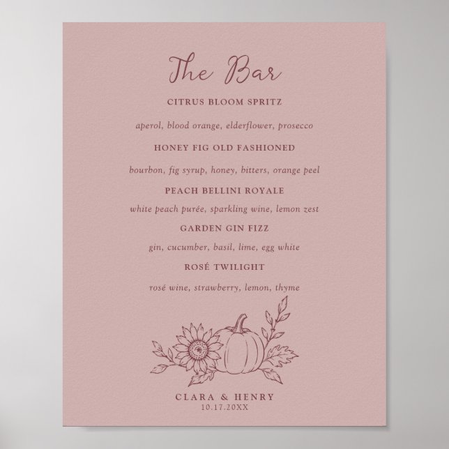 Dusty Rose Pumpkin Sunflower Wedding Bar Drinks Poster (Front)