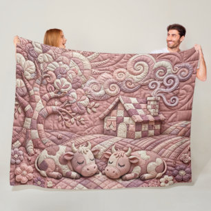 Dusty Rose Quaint Quilted Cows Patchwork Pastoral Fleece Blanket