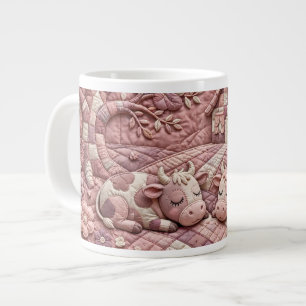Dusty Rose Quaint Quilted Cows Patchwork Pastoral Large Coffee Mug