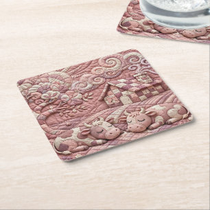 Dusty Rose Quaint Quilted Cows Patchwork Pastoral Square Paper Coaster