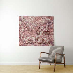 Dusty Rose Quaint Quilted Cows Patchwork Pastoral  Tapestry