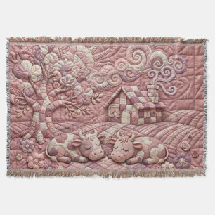 Dusty Rose Quaint Quilted Cows Patchwork Pastoral  Throw Blanket