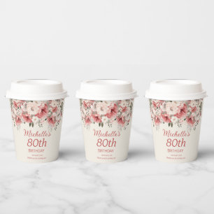 Dusty Rose Red Cream Watercolor Floral 80th Paper Cups