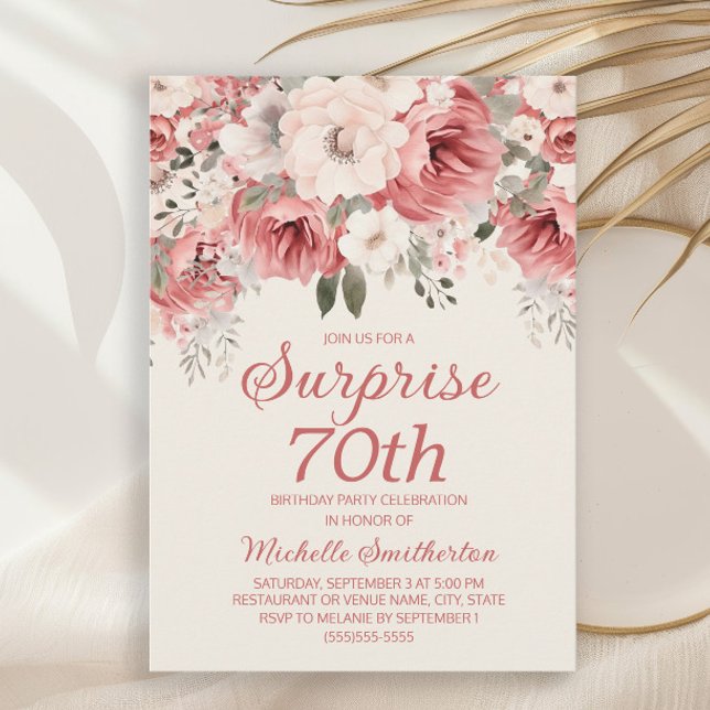 Dusty Rose Red Cream Watercolor Floral Surprise Invitation (Elegant dusty rose red and cream-colored floral surprise 70th birthday party invitation)