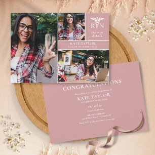 Dusty Rose RN Nursing 3 Photo Graduation Party Inv Invitation
