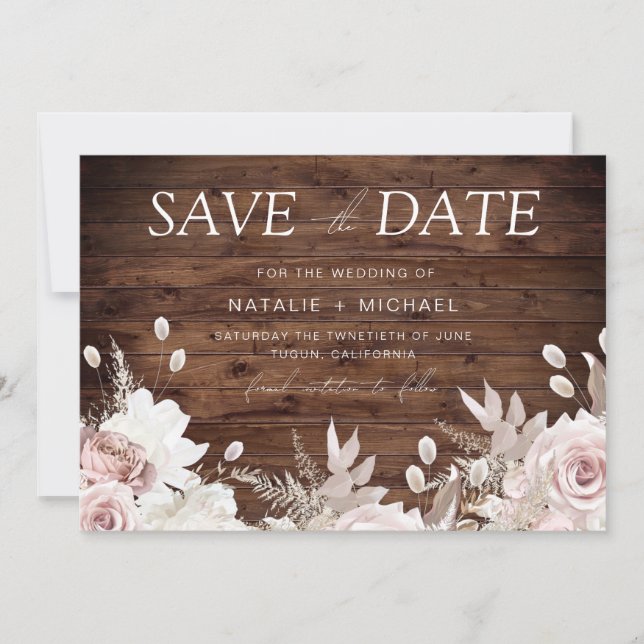 Dusty Rose & Rustic Boho Floral Blush Wedding Save The Date (Front)