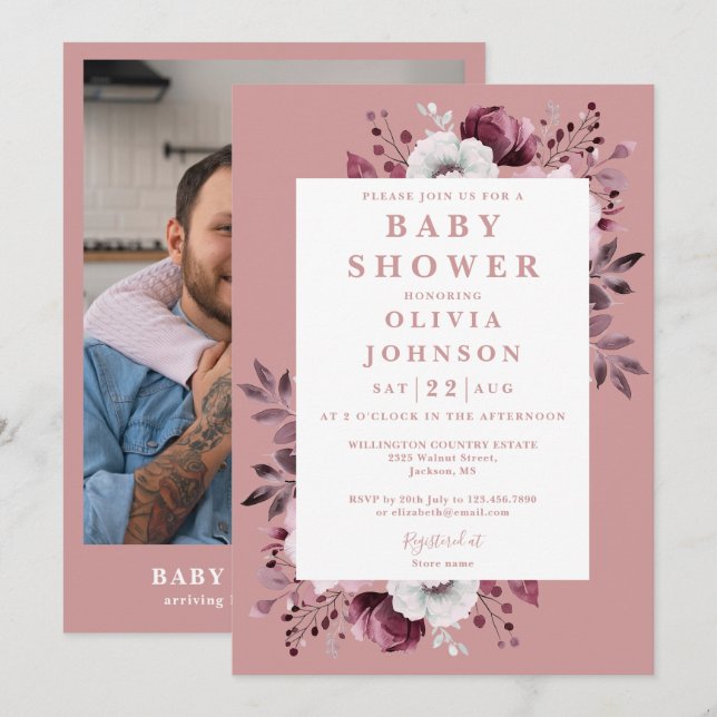 Dusty Rose Rustic Country Floral Photo Baby Shower Invitation (Front/Back)