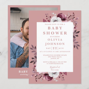 Dusty Rose Rustic Country Floral Photo Baby Shower Invitation