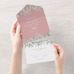 Dusty Rose Sage And Lilac Floral Monogram Wedding All In One Invitation