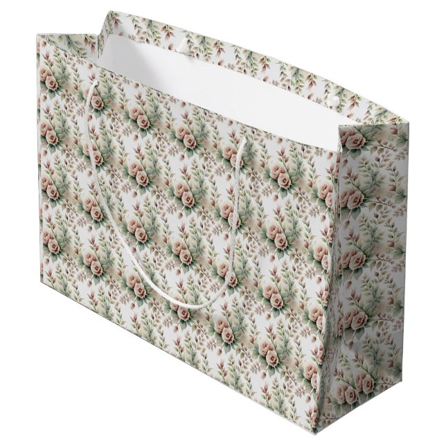 Dusty Rose Sage Green Floral Bridal Baby Shower Large Gift Bag (Back Angled)