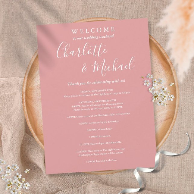 Dusty Rose Script Guest Wedding Weekend Program (Creator Uploaded)