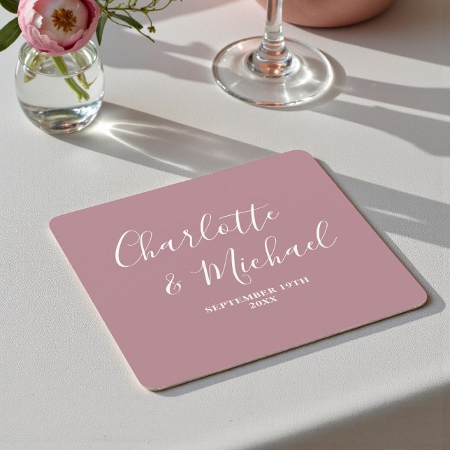 Dusty Rose Script Minimalist Wedding Square Paper Coaster (Creator Uploaded)