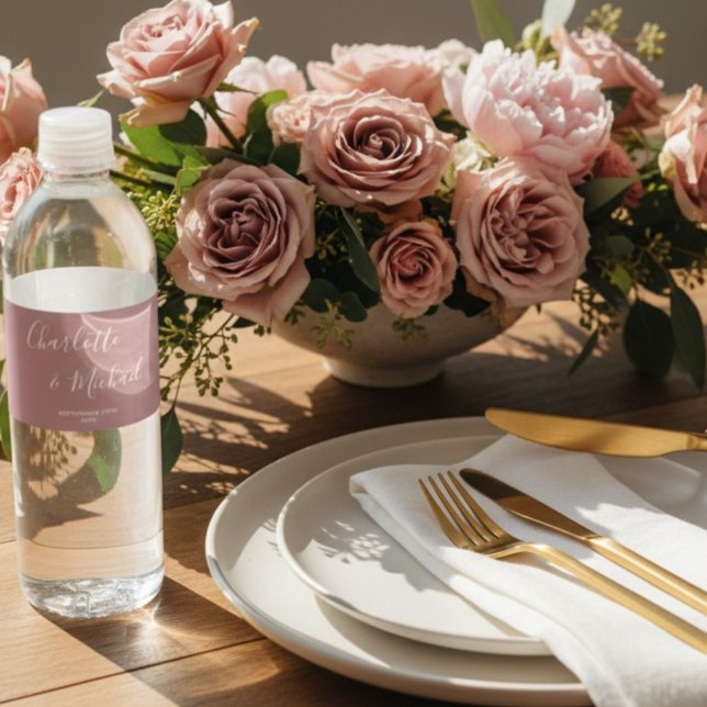 Dusty Rose Script Minimalist Wedding Water Bottle Label (Creator Uploaded)
