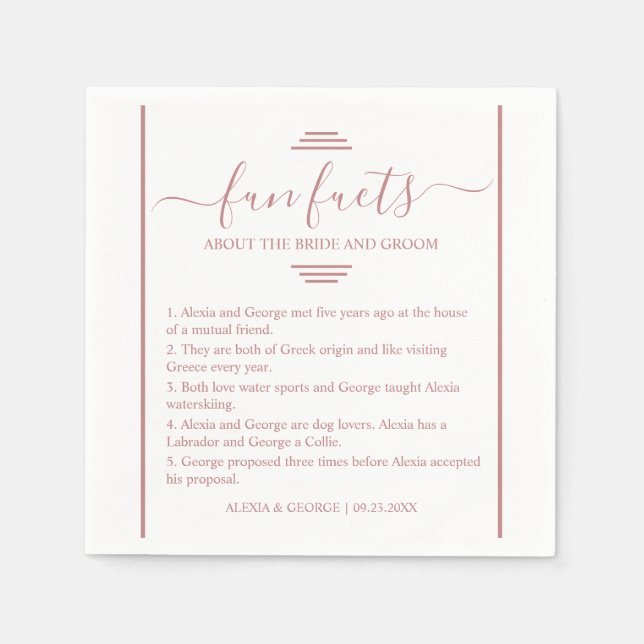 Dusty rose script typography Fun Facts wedding    Napkin (Front)