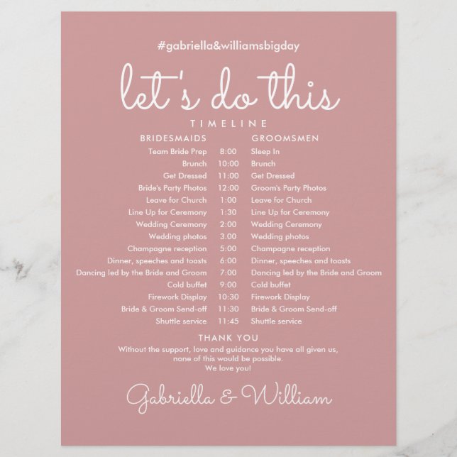 Dusty Rose Script Wedding Schedule Timeline (Front)