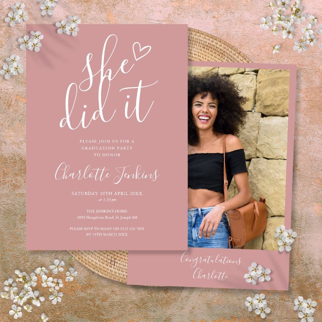 Dusty Rose She Did It Photo Graduation Party Invitation (Dusty Rose She Did It Photo Graduation Party Invitation)