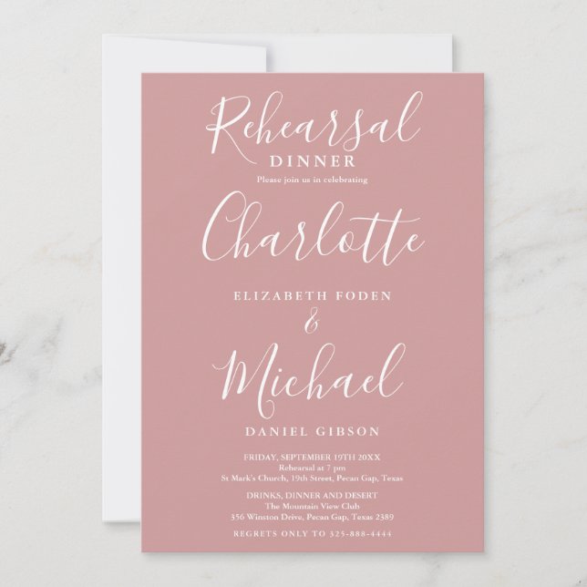 Dusty Rose Signature Script Rehearsal Dinner Invitation (Front)
