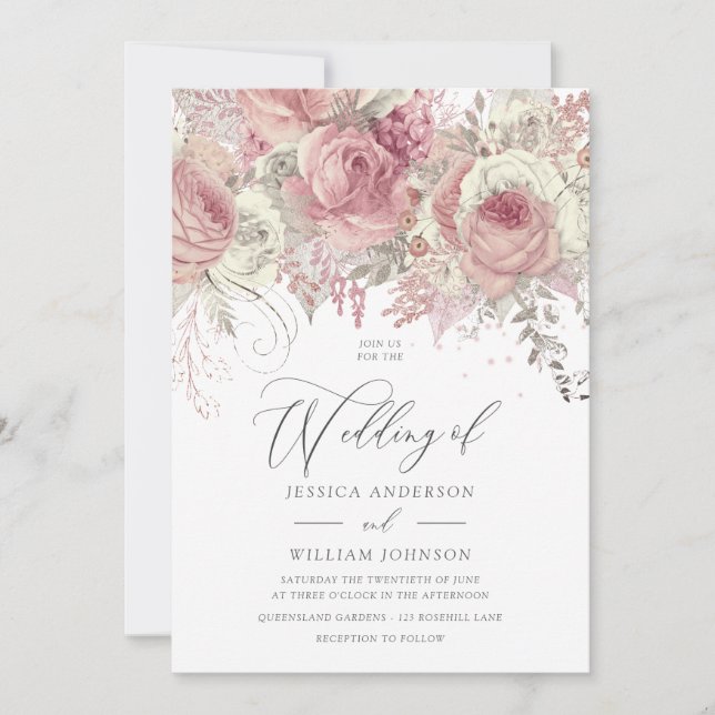 Dusty Rose Silver & Blush Enchanted Floral Wedding Invitation (Front)