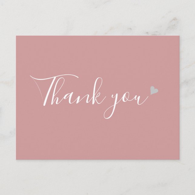 Dusty Rose Silver Heart Script Business Thank You Postcard (Front)