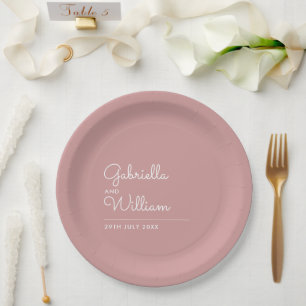 Dusty Rose Simple Elegant Script Wedding Paper Plate