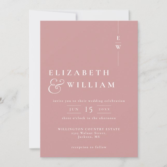 Dusty Rose Simple Modern Elegant Monogram Wedding Invitation (Front)