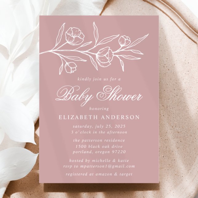 Dusty Rose Sketched Floral Baby Shower Invitation (Creator Uploaded)