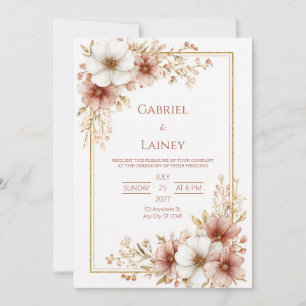 Dusty Rose Sketchy Romantic Floral Wedding Invitation