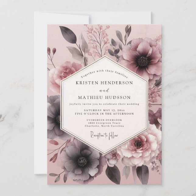 Dusty Rose Somber Bloom Wedding Invitation (Front)
