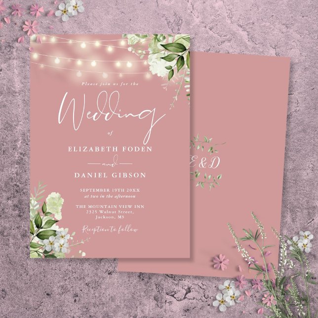Dusty Rose String Lights Floral Monogram Wedding Invitation (Dusty Rose String Lights Floral Monogram Wedding Invitation)