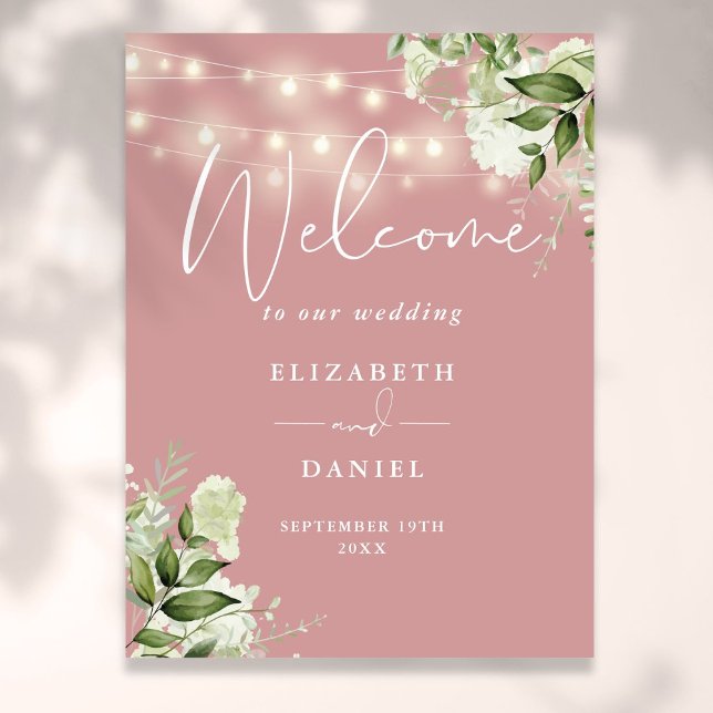 Dusty Rose String Lights Floral Wedding Welcome Poster (Dusty Rose String Lights Floral Wedding Welcome Poster)