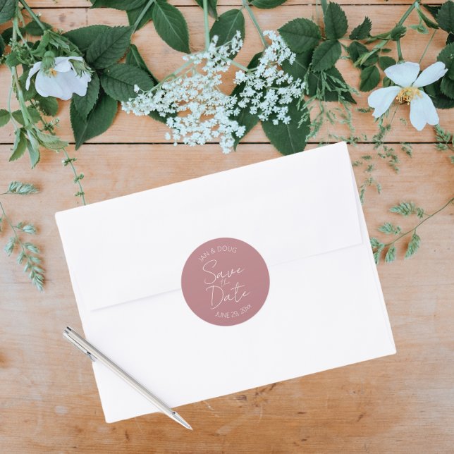  Dusty Rose Stylised Wedding Save the Date Classic Round Sticker (In Situ Wedding)