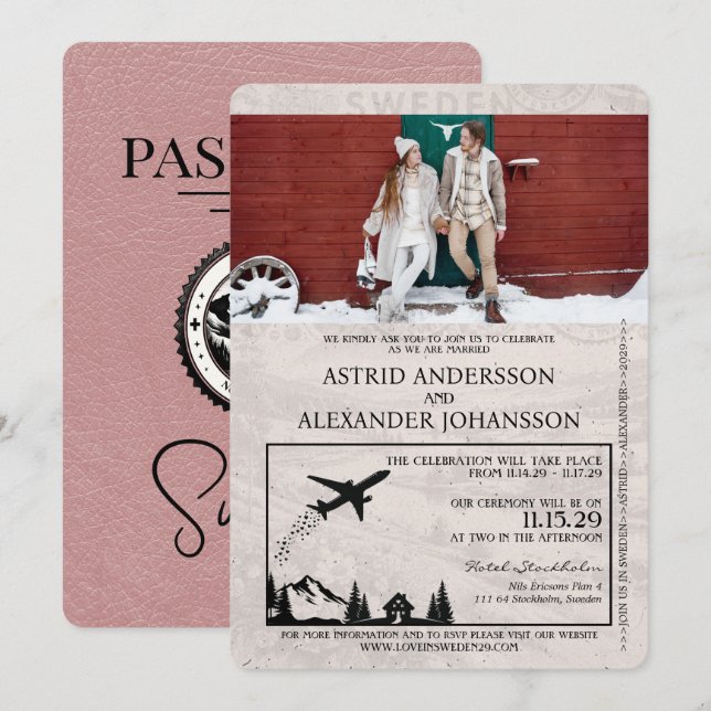 Dusty Rose Sweden Passport Wedding Invitation (Front/Back)