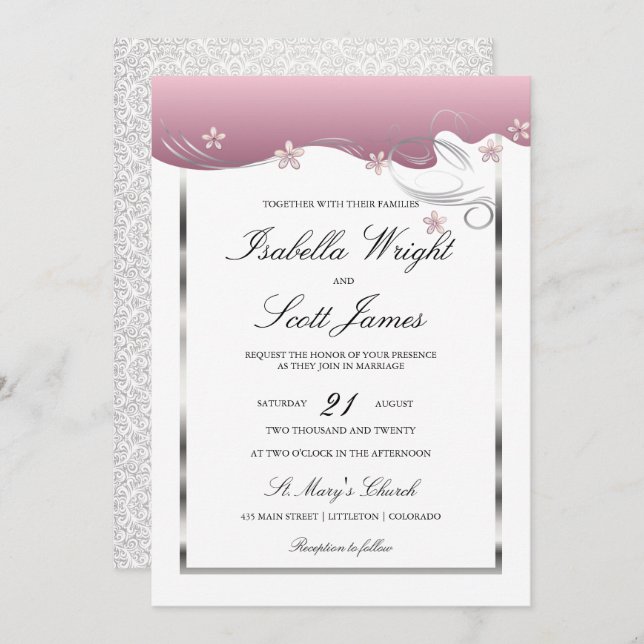 Dusty Rose Swirl Floral Wedding Design Invitation (Front/Back)