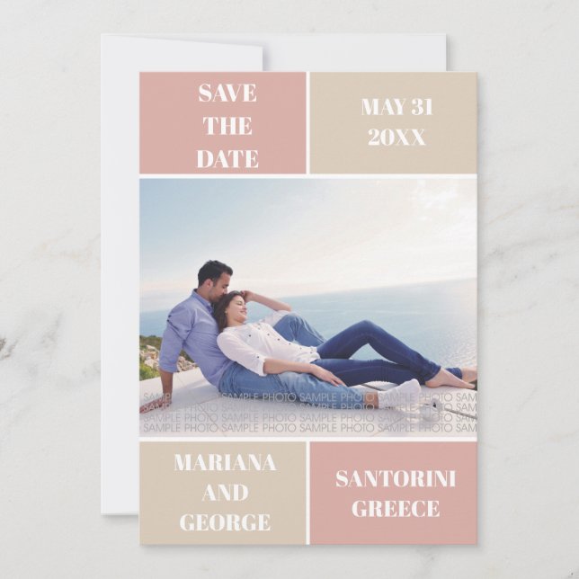 Dusty rose taupe colour block wedding Save the Dat Date (Front)