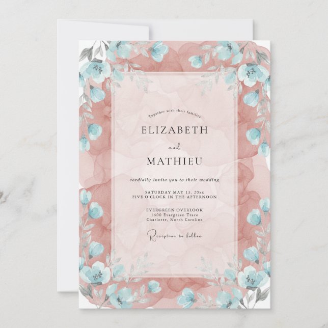 Dusty Rose Teal Whimsical Spring Wedding Invitation (Front)