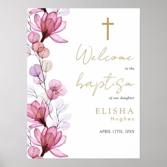 Dusty Rose Transparent Floral Baptism Welcome Sign (Front)
