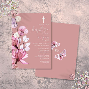 Dusty Rose Transparent Floral Monogram Baptism Invitation