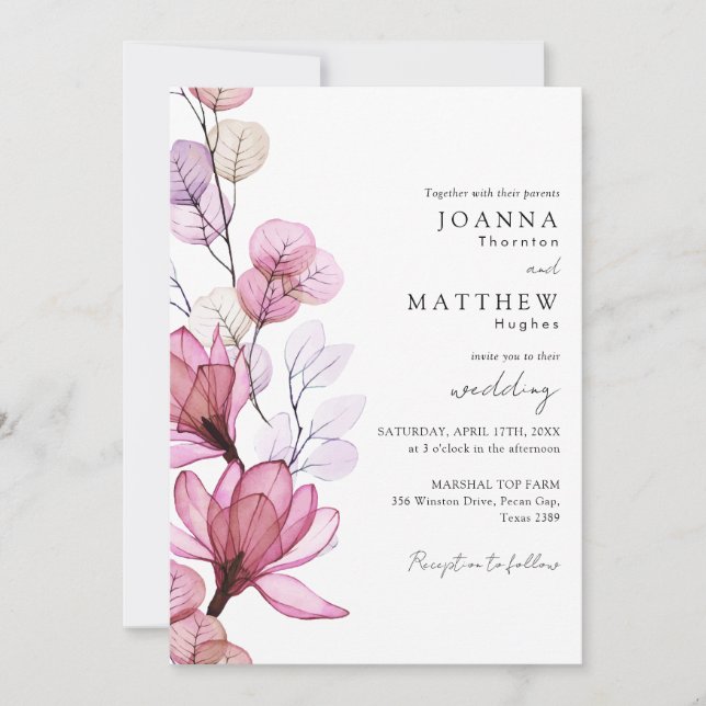 Dusty Rose Transparent Floral Monogram Wedding Invitation (Front)
