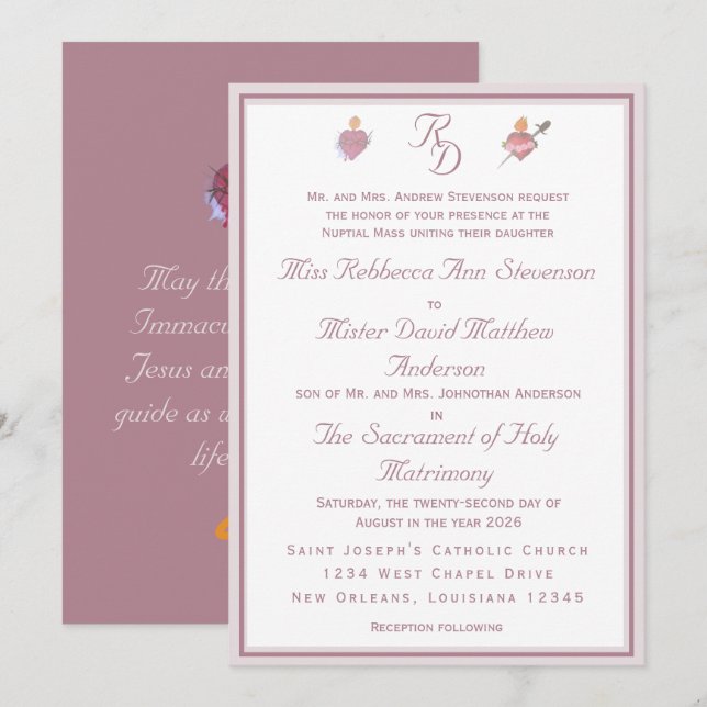 Dusty Rose Two Hearts Catholic Wedding Invitation (Front/Back)