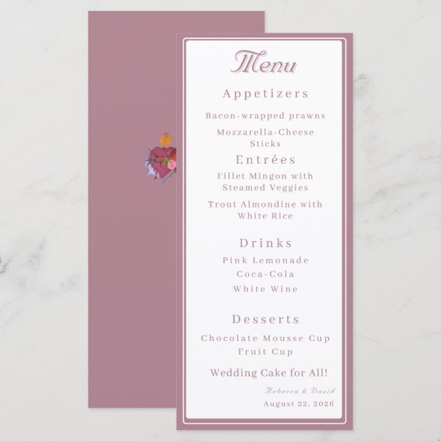 Dusty Rose Two Hearts Catholic Wedding Menu (Front/Back)