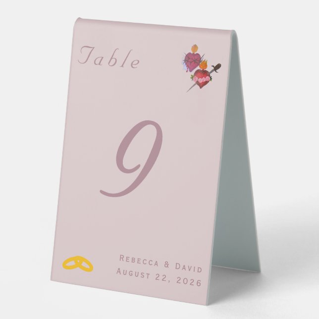 Dusty-Rose Two Hearts Catholic Wedding Table# Tent (Front)