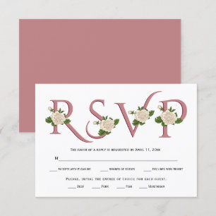 Dusty rose typography and white roses fall wedding RSVP card