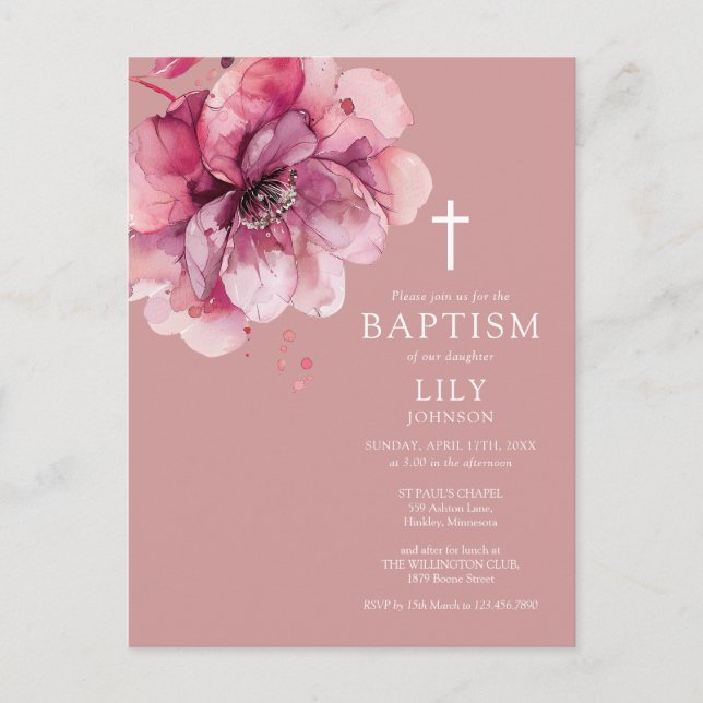 Dusty Rose Watercolor Floral Baptism Invitation Postcard (Front)