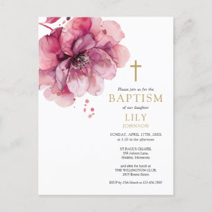 Dusty Rose Watercolor Floral Baptism Invitation Postcard