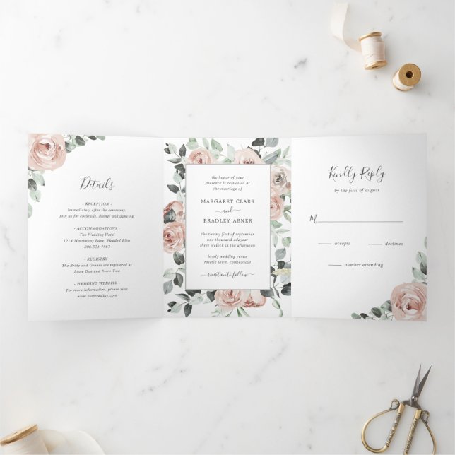 Dusty Rose Watercolor Floral Elegant Wedding Tri-Fold Invitation (Inside)