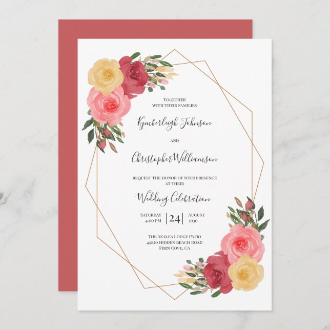 Dusty Rose Watercolor Floral Geometric Wedding Invitation (Front/Back)